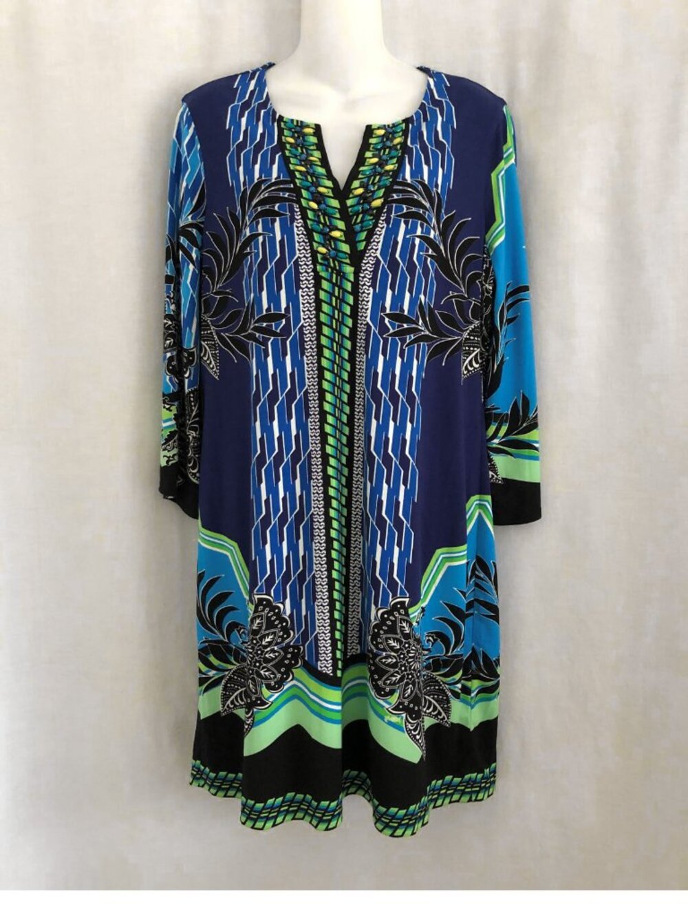 Hale Bob Blue Geo Print Jersey Stretch Shift Dress Size Medium